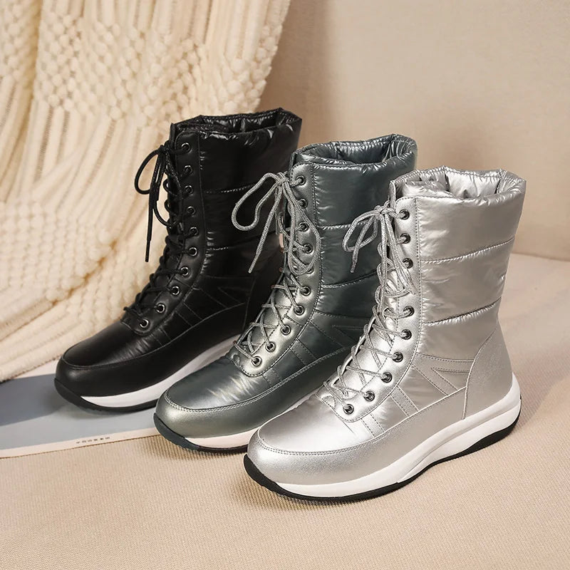 Plus Size Flat-Bottomed Warm Winter Snow Boots Lace Up Women's Boots Waterproof Ultra-Light Cotton Shoes Warm Mid-Calf Boots