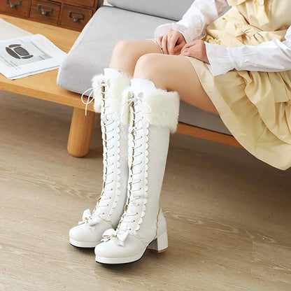 Thick-Heeled Cross-Laced Lolita Style Women's Boots With Artificial Rabbit Fur Trim And Pearl Embellished Wavy Knee-Length Boots