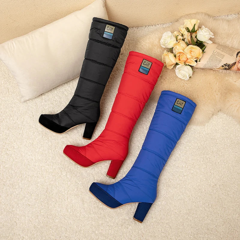 Thick-Heeled Down Fabric Warm Snow Boots Waterproof Platform Blue Casual Knee-Length Boots Red Winter Ladies Shoes