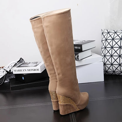 Flock Stitching Sequined Cloth Wedges Women's Knee-Length Boots Inner Heightening Platform Flat-Bottomed Winter Long Boots