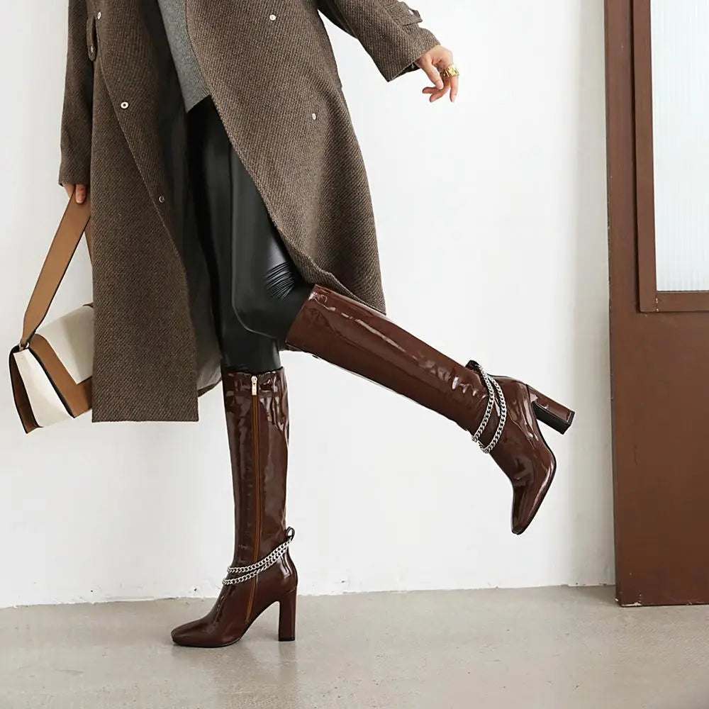 Oversized Metal Chain Super High Heel Patent Leather Knee-Length Boots Square Toe Thick Heel Shiny Leather Burgundy Warm Boots