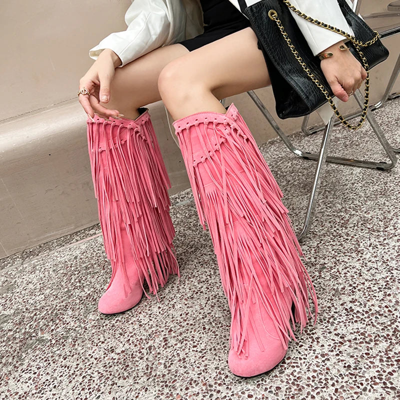 New High-Heeled V-Neck Fringed Women's Boots