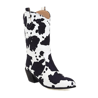 Chocolate Color Cow Pattern Mid-Tube Chimney Boots