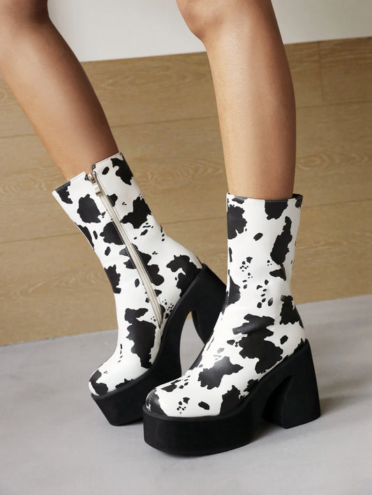 Zebra Pattern Super High Waterproof Platform Horseshoe Heel Women's Street Shoes Thick-Soled Increased Cow Pattern Mid-Top Boots