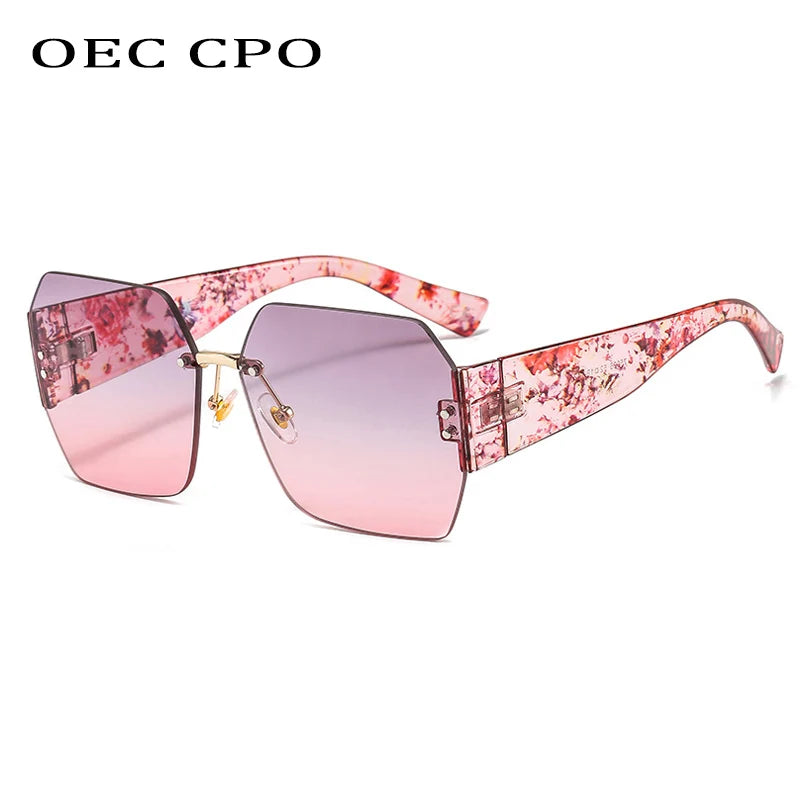 OEC CPO Fashion Rimless Sunglasses Women Square Goggle Glasses Female Brand Trend Flower Legs Shades Uv400 Vintage Eyeglasses