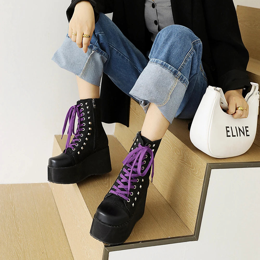 Cross Strap Metal Rivet Super Thick Retro Platform Boots Square Toe High Waterproof Platform High Heel Women's Mid-Calf Boots