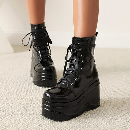 Punk Style Super High Waterproof Platform Flat-Bottomed Women's Boots Cross-Lace Bright Patent Leather Spring New Shoes