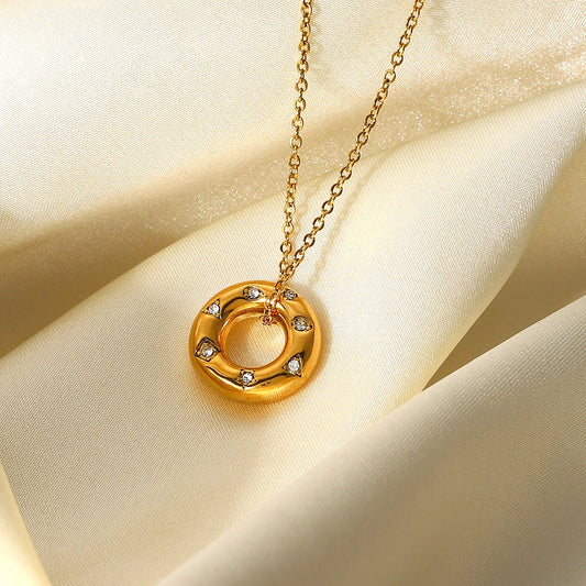 Fashion 18k Gold Plated Stainless Steel Tarnish Free Female Jewelry Cubic Zirconia Circle Hollow Pendant Necklace for Women