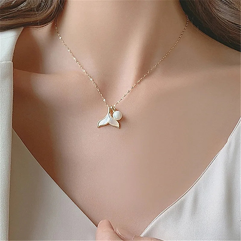 Tarnish Free Stainless Steel Shell Mermaid Tail Pearl Pendant Necklace For Women Girls Choker Jewelry Gifts