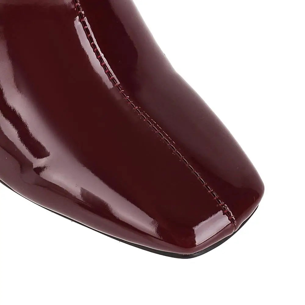 Oversized Metal Chain Super High Heel Patent Leather Knee-Length Boots Square Toe Thick Heel Shiny Leather Burgundy Warm Boots