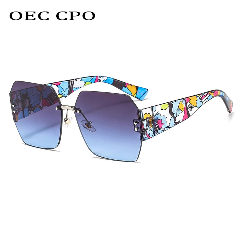 OEC CPO Fashion Rimless Sunglasses Women Square Goggle Glasses Female Brand Trend Flower Legs Shades Uv400 Vintage Eyeglasses