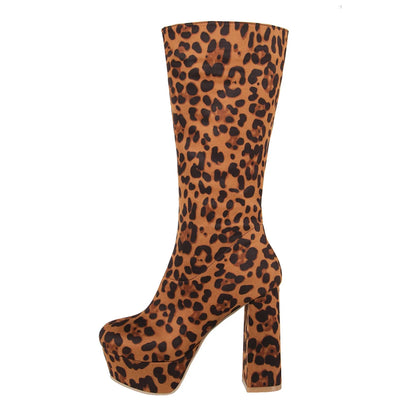 Ladies Mid-Tube Boots Leopard Print Flock Sexy Platform High Thick Heel Mid-Calf Boots Side Zipper Patent Leather Fashion Boots