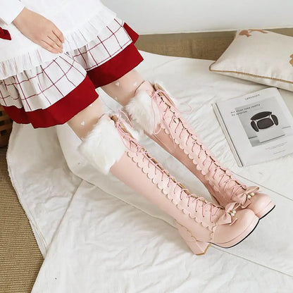 Thick-Heeled Cross-Laced Lolita Style Women's Boots With Artificial Rabbit Fur Trim And Pearl Embellished Wavy Knee-Length Boots