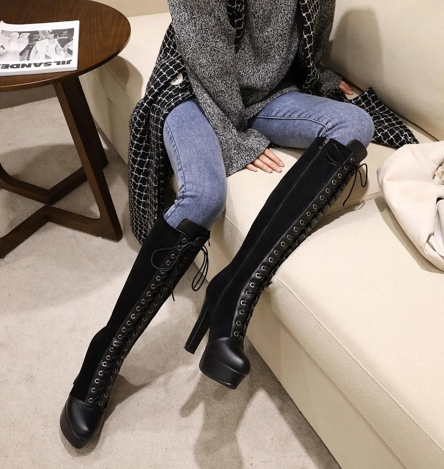 Round Head Cross Straps Waterproof Platform Platform Knee Boots Women's Ultra-High Thick Heel All-Match Fashion Boots