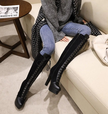 Round Head Cross Straps Waterproof Platform Platform Knee Boots Women's Ultra-High Thick Heel All-Match Fashion Boots