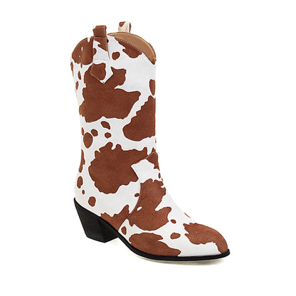 Chocolate Color Cow Pattern Mid-Tube Chimney Boots