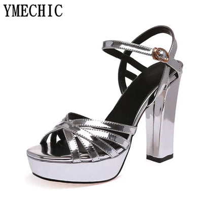 YMECHIC Cross Strap Open Toe Square Women High Heels Sandal Silver Black Party Office Ladies Platform Heel Summer Shoes Sandal