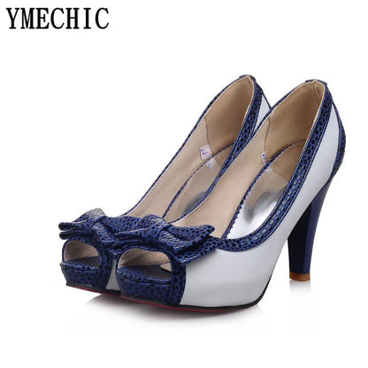 YMECHIC 2022 Summer Sweet Spike High Heels Peep Toe Pumps Butterfly-knot Glitter Bowtie Women High Heel Party Shoes Plus Size