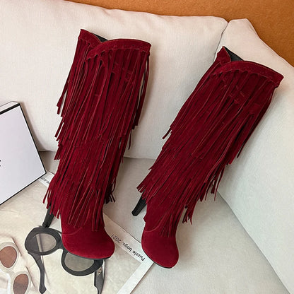 New High-Heeled V-Neck Fringed Women's Boots