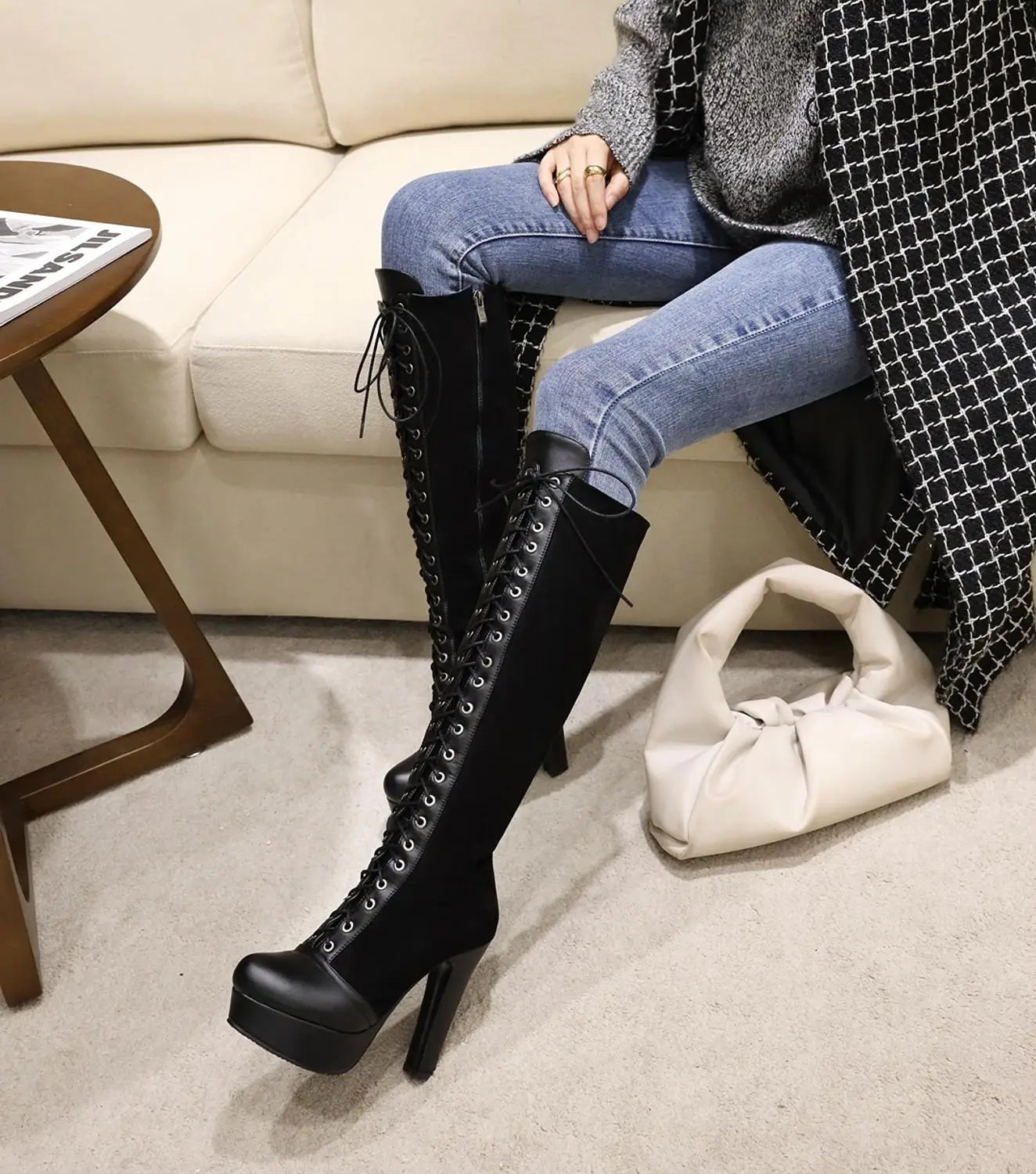 Round Head Cross Straps Waterproof Platform Platform Knee Boots Women's Ultra-High Thick Heel All-Match Fashion Boots