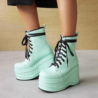 Punk Style Super High Waterproof Platform Flat-Bottomed Women's Boots Cross-Lace Bright Patent Leather Spring New Shoes