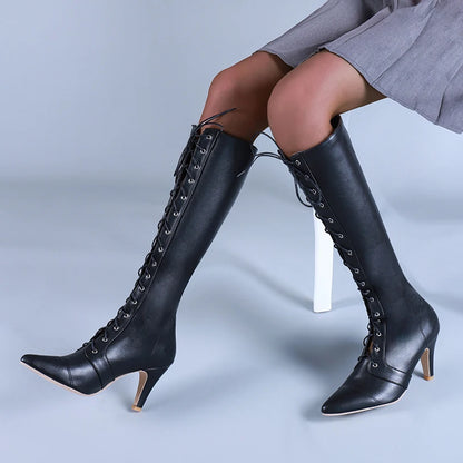 Pole Dance Women's Shoes Sexy Pointed Toe Stiletto Heel Cross Strap Knee-Length Boots Oversized Nightclub Catwalk Boots