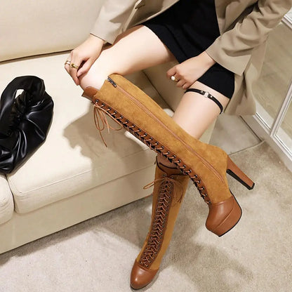 Round Head Cross Straps Waterproof Platform Platform Knee Boots Women's Ultra-High Thick Heel All-Match Fashion Boots