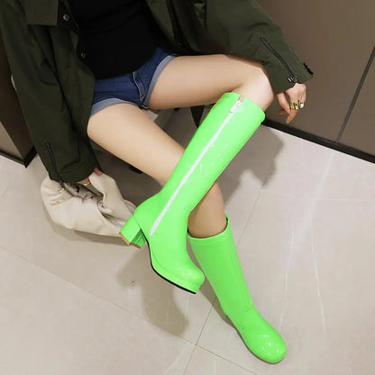 Patent Leather Fluorescent Green Lolita Style Women's Boots PU Thick Heel Mirror Color Side Zipper Knee-Length Boots