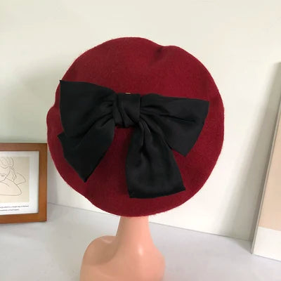 Bowknot beret hat women wool detachable painter cap