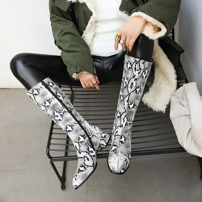 Plus Size Winter Boots Women's All-Match Shoes Thick Heel Snake Print PU Knee-Length Boots Warm Knight Boots