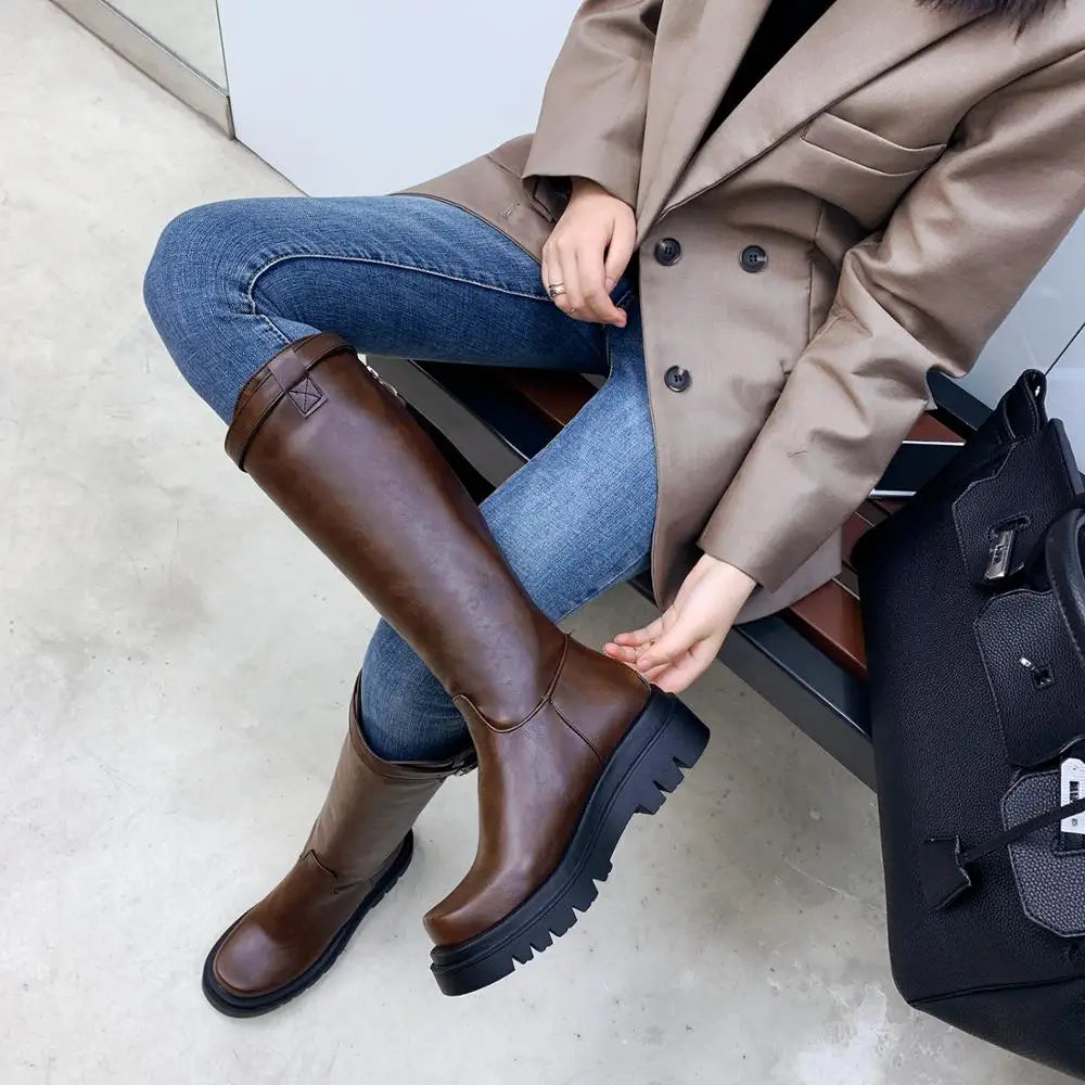 Autumn And Winter Retro Boots Square Toe Inner Heightened Platform Knee-Length Boots Side Zipper Belt Buckle PU Rider Boots 2024