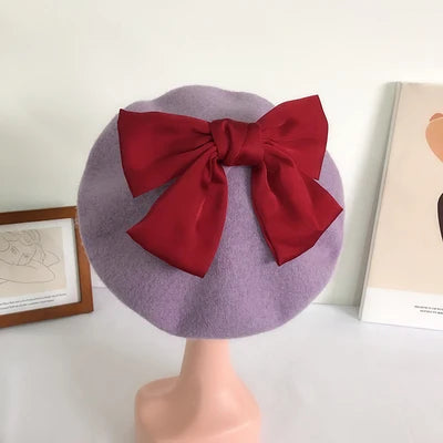 Bowknot beret hat women wool detachable painter cap