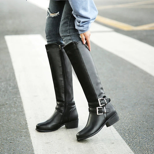 2024 Plus Size Non-Slip Rubber Chunky Heel Retro Rider Boots Double Row Belt Buckle Side Zipper Plush Lining Women's Knee Boots