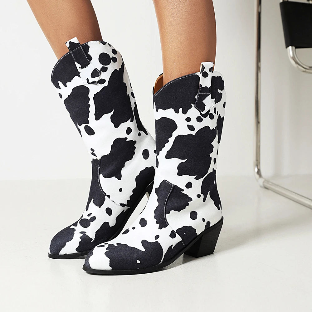 Chocolate Color Cow Pattern Mid-Tube Chimney Boots