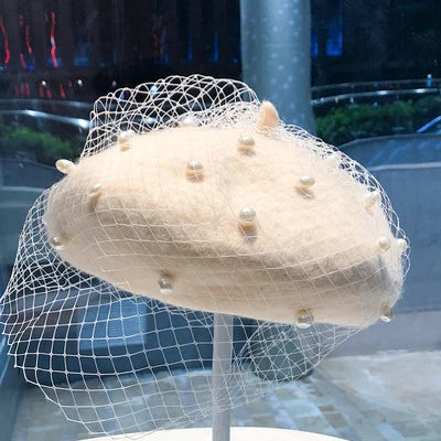 Beret hat women pearl net yarn painter hat