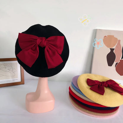 Bowknot beret hat women wool detachable painter cap