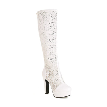 Sequined Cloth Mesh Embroidered Waterproof Platform Breathable Knee-Length Boots Super High Thick Heel Summer Cool Socks Boots