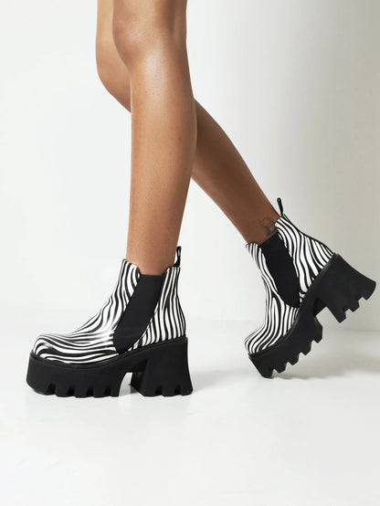 Cow Pattern Super Thick Bottom Color Matching Women's Ankle Boots Zebra Pattern High Waterproof Platform Elastic Band Foot Shoes