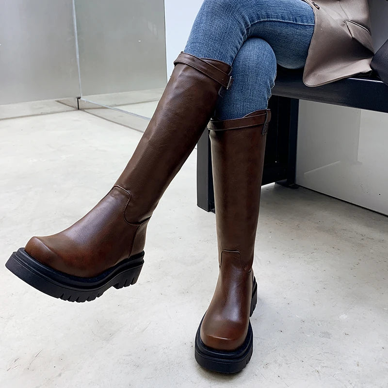 Autumn And Winter Retro Boots Square Toe Inner Heightened Platform Knee-Length Boots Side Zipper Belt Buckle PU Rider Boots 2024