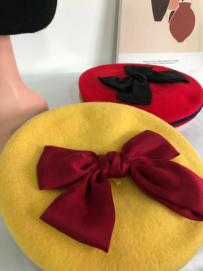 Bowknot beret hat women wool detachable painter cap