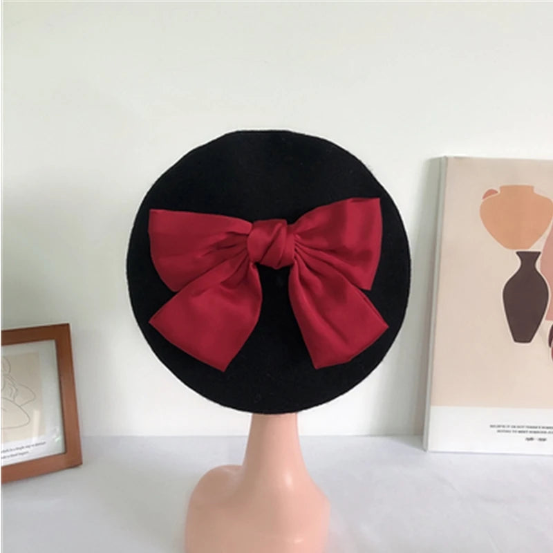 Bowknot beret hat women wool detachable painter cap