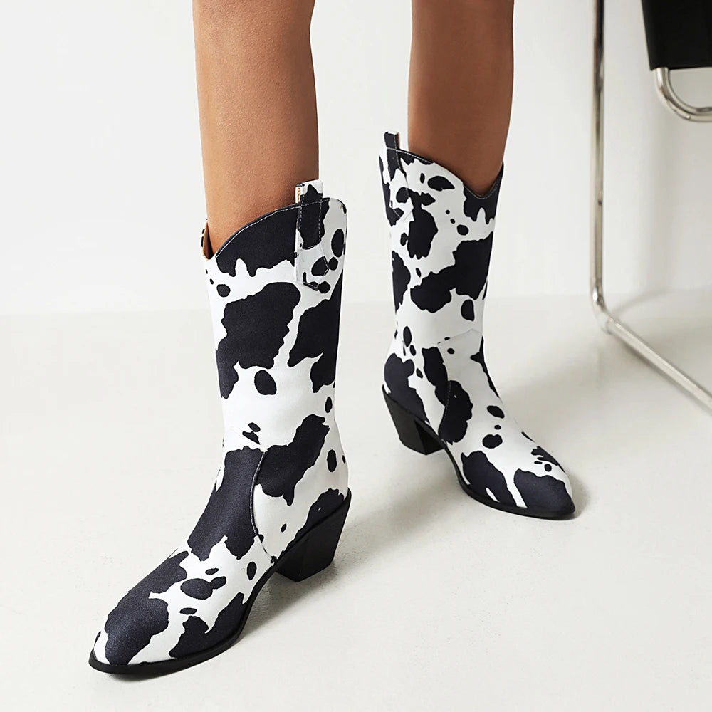 Chocolate Color Cow Pattern Mid-Tube Chimney Boots