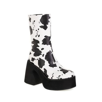 Zebra Pattern Super High Waterproof Platform Horseshoe Heel Women's Street Shoes Thick-Soled Increased Cow Pattern Mid-Top Boots