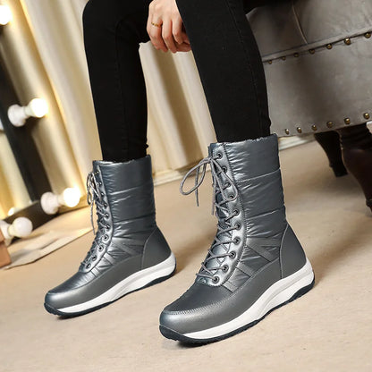 Plus Size Flat-Bottomed Warm Winter Snow Boots Lace Up Women's Boots Waterproof Ultra-Light Cotton Shoes Warm Mid-Calf Boots