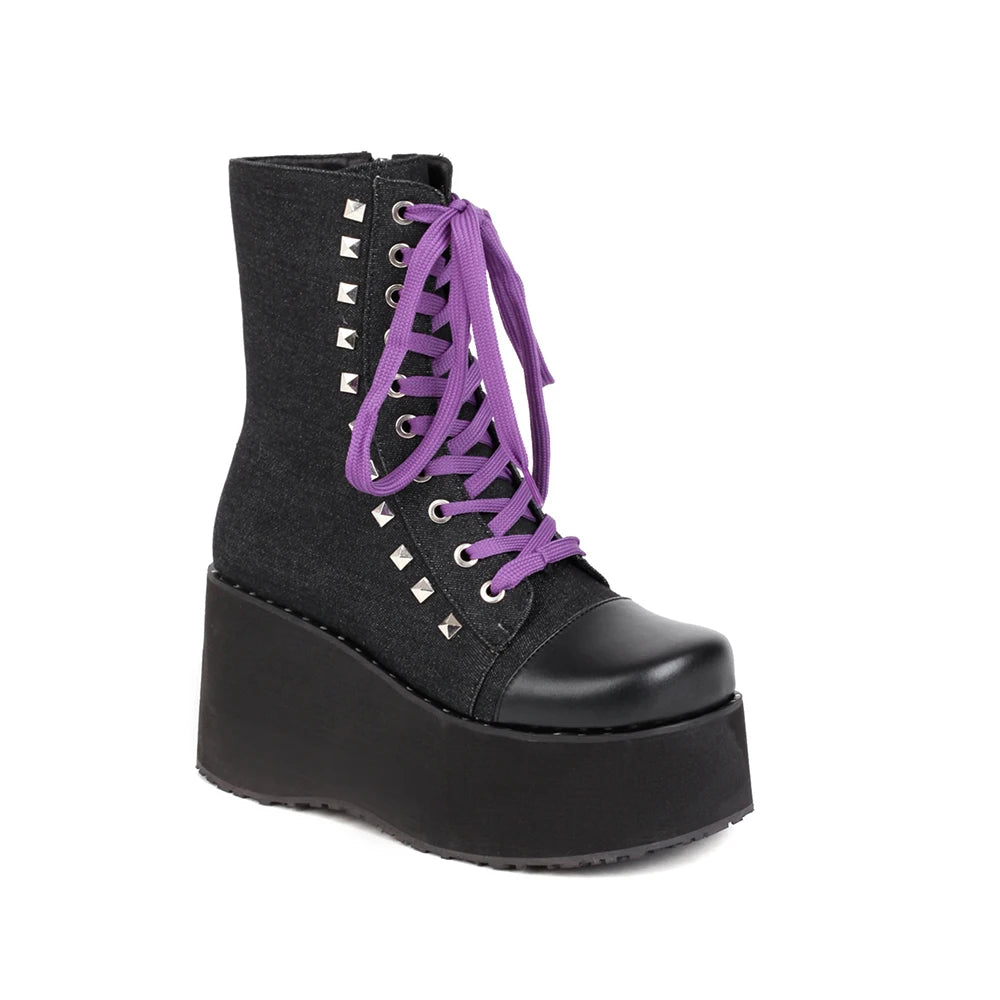 Cross Strap Metal Rivet Super Thick Retro Platform Boots Square Toe High Waterproof Platform High Heel Women's Mid-Calf Boots