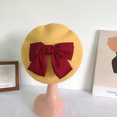 Bowknot beret hat women wool detachable painter cap