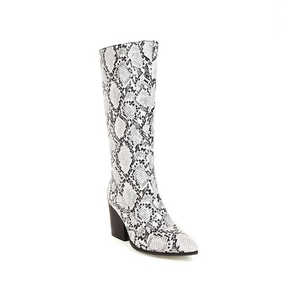 Oversized Blue Snake Print Fashion Sexy Female Mid-Calf Boots Pointed Wedge Short Plush Inner Shoes Zipper Snake Print Leather