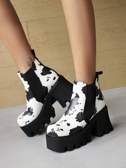 Cow Pattern Super Thick Bottom Color Matching Women's Ankle Boots Zebra Pattern High Waterproof Platform Elastic Band Foot Shoes