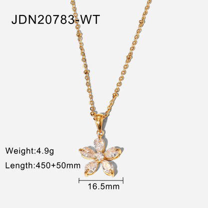 18K Plated Stainless Steel Trendy 16mm white zircon five-petal flower pendant necklace for women Jewelry Party Gift