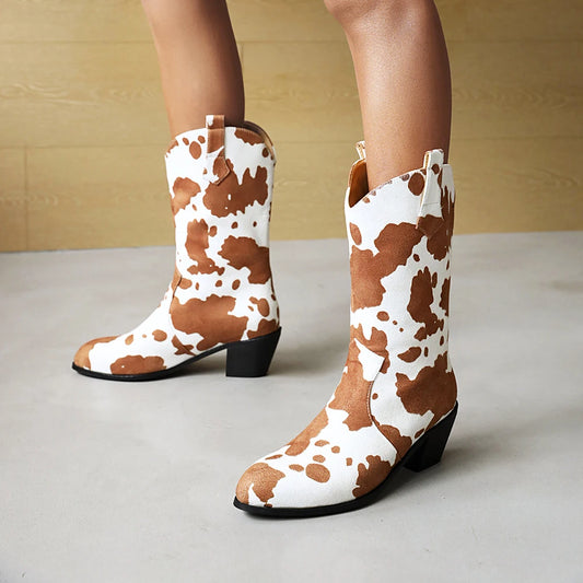 Chocolate Color Cow Pattern Mid-Tube Chimney Boots